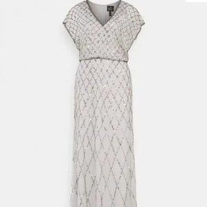 Adrianna Papell NWT Sequin Lattice Dress With Flutter Sleeves In Bridal Silver